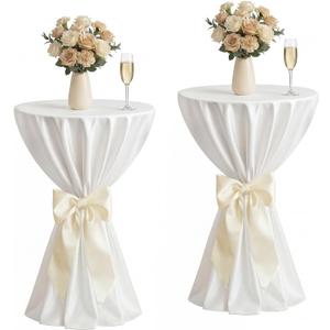 Mindsoft 2 Set 108'' Dia Satin Cocktail Table Covers with Bow Ribbon, for 24 x 43 Inch, White Round Cocktail Table Cloth, for Bar Wedding Pub Bistro Highboy Party Banquet