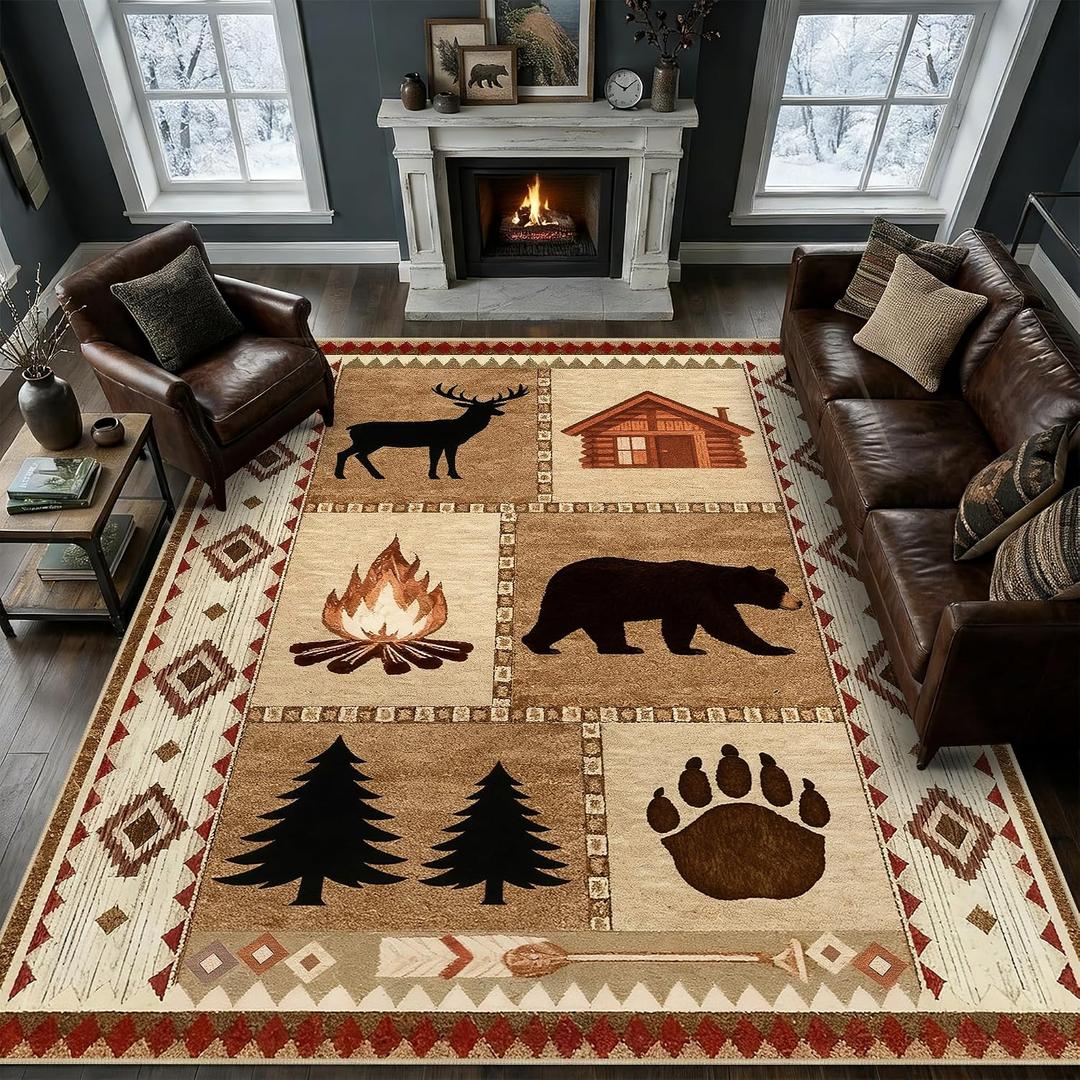 8x10 Cabin Bear Rustic Area Rug for Living Room Lodge Deer Wildlife Large Rug Country Farmhouse Westen Machine Washable Non-Slip Printed Low-Pile Indoor Carpet for Bedroom Dining Room Office