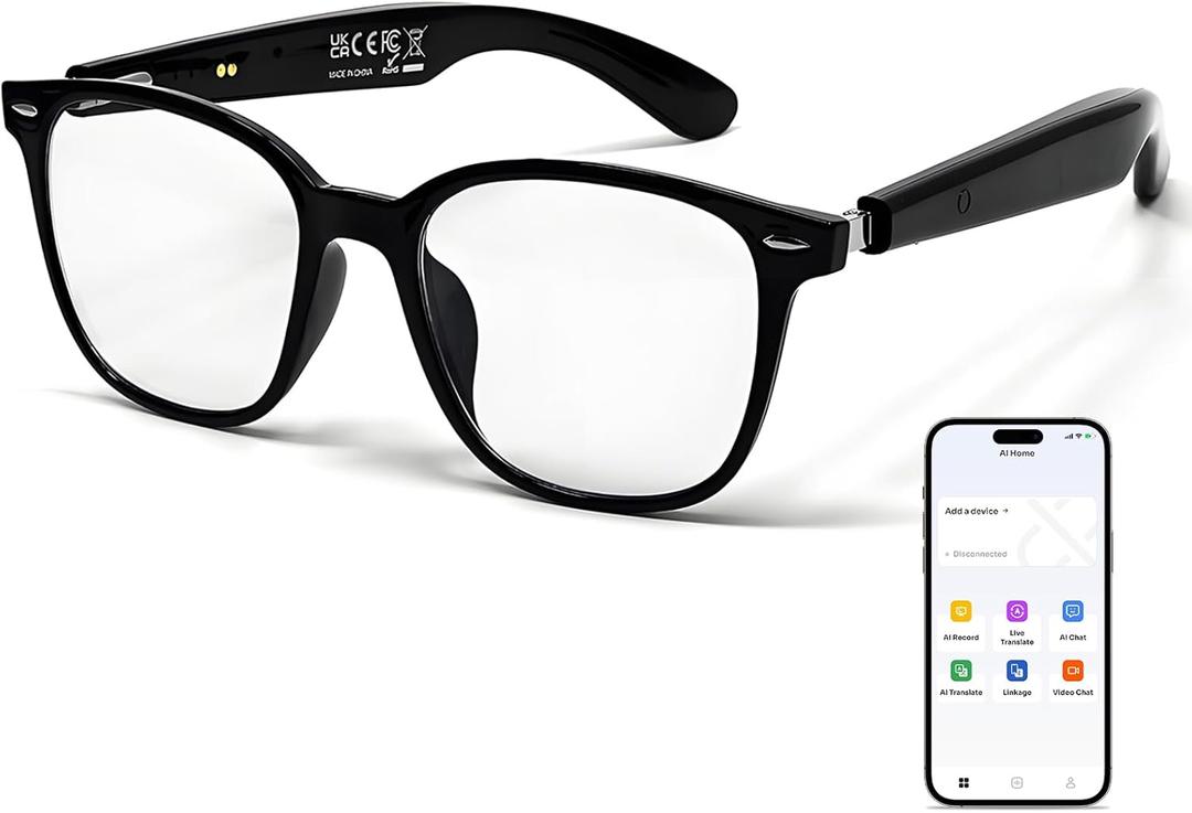 Ai Smart Glasses for Men&Women|Real-Time Translation|Hall-Effect Sensing|UV Protection Bluetooth Sunglasses|Travel/Drive/Busniess/Daily(Black Frame Transparent Lens)