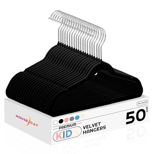 HOUSE DAY 14 Inch Kids Velvet Hangers 50 Pack, Durable Big Kid Hangers for Youth, Teen, Non Slip Kids Felt Hanger, Cute Childrens Hanger for Closet, Black