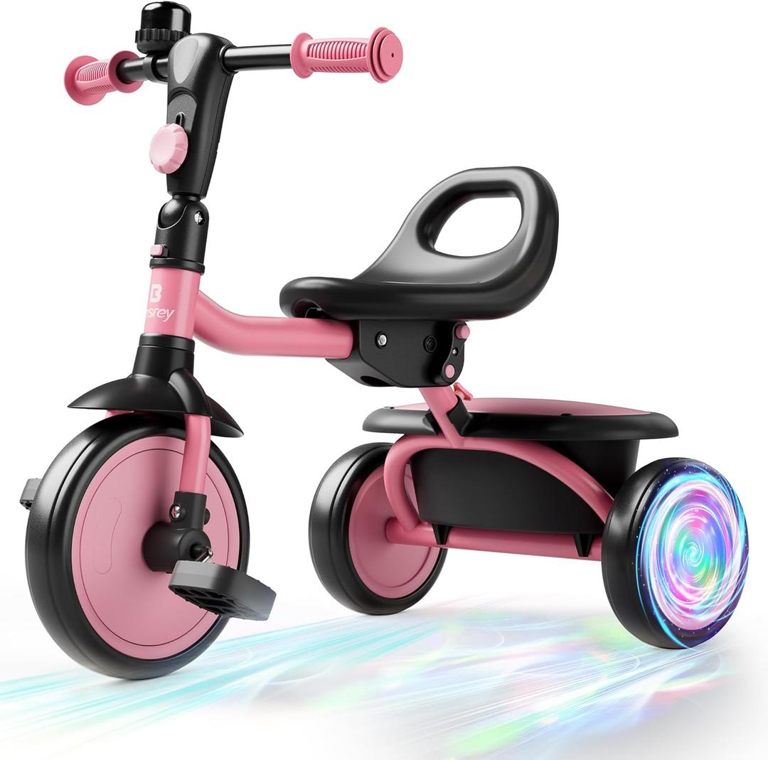 besrey Colorful Lighting Toddler Tricycle for Ages 18 Months to 5 Years, Toddler Bike with Bell, Kids Tricycle, Gift for 2-5 Year Olds, Toy for Boys and Girls, Tricycle for Toddlers, Pink (Pink Flash Wheel)