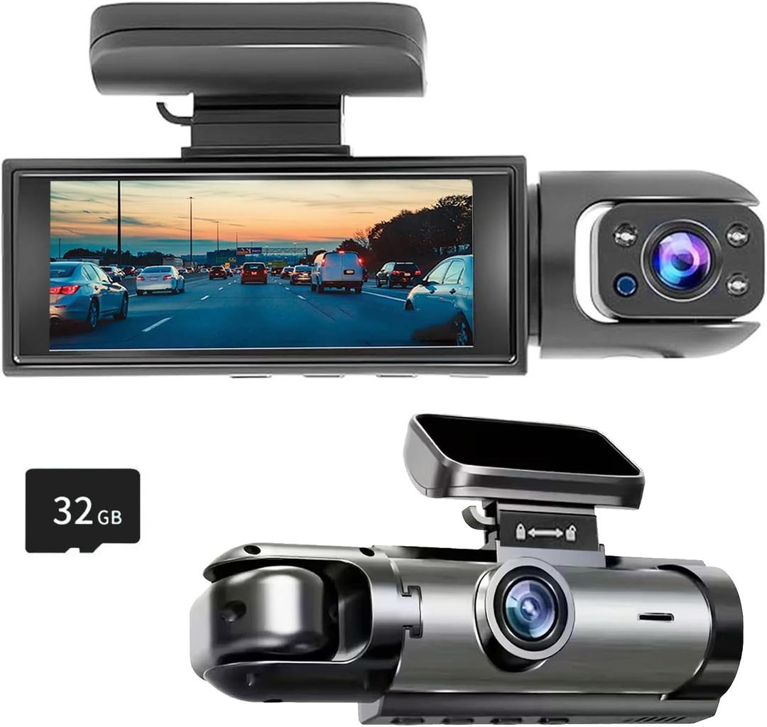 1080P Dual Camera Dash Cam for Cars, Driving Recorder with IR Night Vision, Loop Recording, Wide Angle Lens - 3.16 Inch IPS Screen,Parking Mode, Car Camera with 32GB TF Card