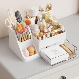 Yieach White Makeup Organizer With Brush Holder,Large Countertop Makeup Organizers for Vanity,Top Dresser and Bathroom,Plastic Cosmetics Storage Organizer with Drawers for Lotion Beauty Hair Product