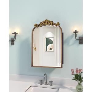 16x24 Inch Recessed or Surface Mount Medicine Cabinet Mirror with Vintage Bronze Carving & Hand-Painted Aluminum Frame, All-Metal Construction, 2 Shelves, Arched Mirror for Bathroom, Entryway, Hallway
