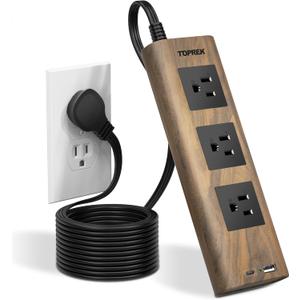 TOPREK Power Strip Surge Protector (1800J), 10 FT Flat Extension Cord with Ultra Thin Flat Plug, 3 Widely-Spaced Outlets with 1 USB-C & 1 USB-A, Wood Finish USB Charging Station for Home, Office, Dorm (Brown)