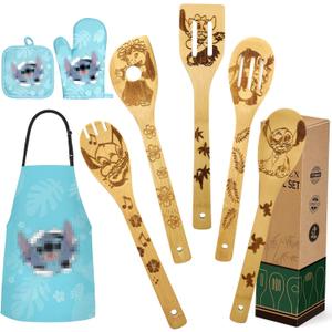 Christmas Gift for Women Mom from Daughter - Wooden Spoons for Cooking Bamboo Kitchen Cooking Utensils Set with Apron Oven Mitt Potholder Set - Great Mother's Day Birthday Gift