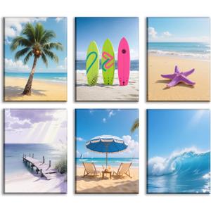 6 PCS Beach Picture Wall Art for Home Decor Beach Poster Summer Wall Decor Surfboard Starfish Waves Palm Tree Canvas Prints for Living Room Decorations 12 ×16 in*6(Framed)