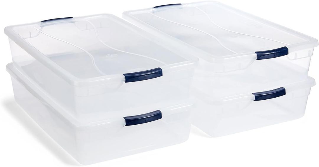 Rubbermaid Cleverstore 41 Quart Plastic Tote Container Bin with Latching Lid and Handles for Reusable, Stackable Home Office Storage, Clear (Pack of 4)