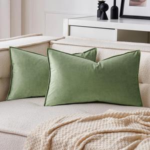 MIULEE Pack of 2 Sage Green Decorative Velvet Throw Pillow Covers Soft Pillowcases Spring Solid Square Cushion Case for Sofa Bedroom Car 12x20 Inch