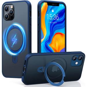 TORRAS Magnetic UPRO Ostand Designed for iPhone 12 Case & iPhone 12 Pro Case (Compatible with Magsafe) with Stand (Military Grade Drop Protection) Shockproof Translucent Back Slim 12 Phone Case, Blue