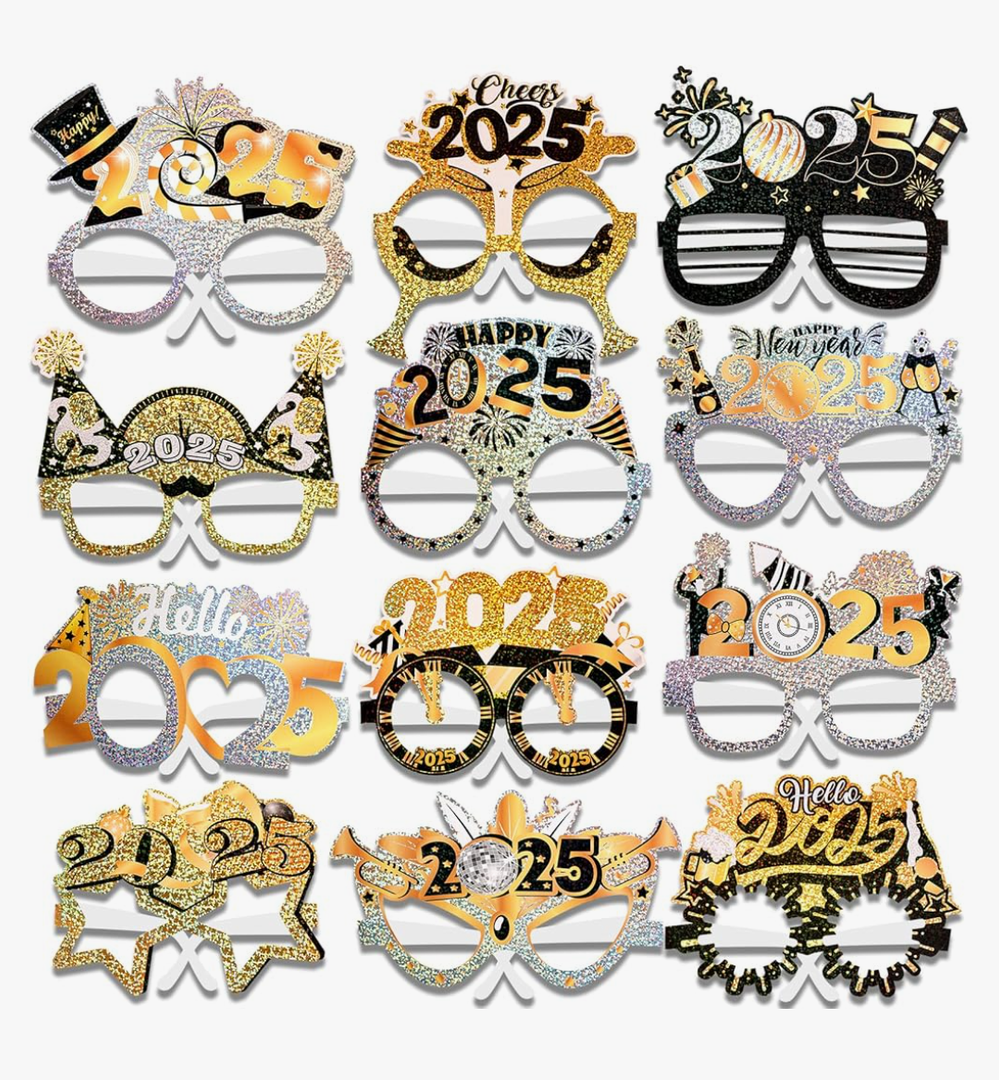 Pieces Happy New Year Party Supplies Glitter Glasses, Black Gold Silver 2025 New Year's Eve Party Favors Photo Booth Props Eyeglasses Frame for 24 Pieces NYE Party Favors Decorations