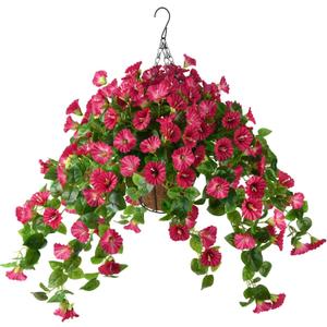 Homsunny Artificial Hanging Fake Flowers with Basket Plants for Outdoor Decoration, Faux Silk Flower UV Resistant Morning Glory for Home Porch Patio Garden Balcony Yard Look Real (Red)