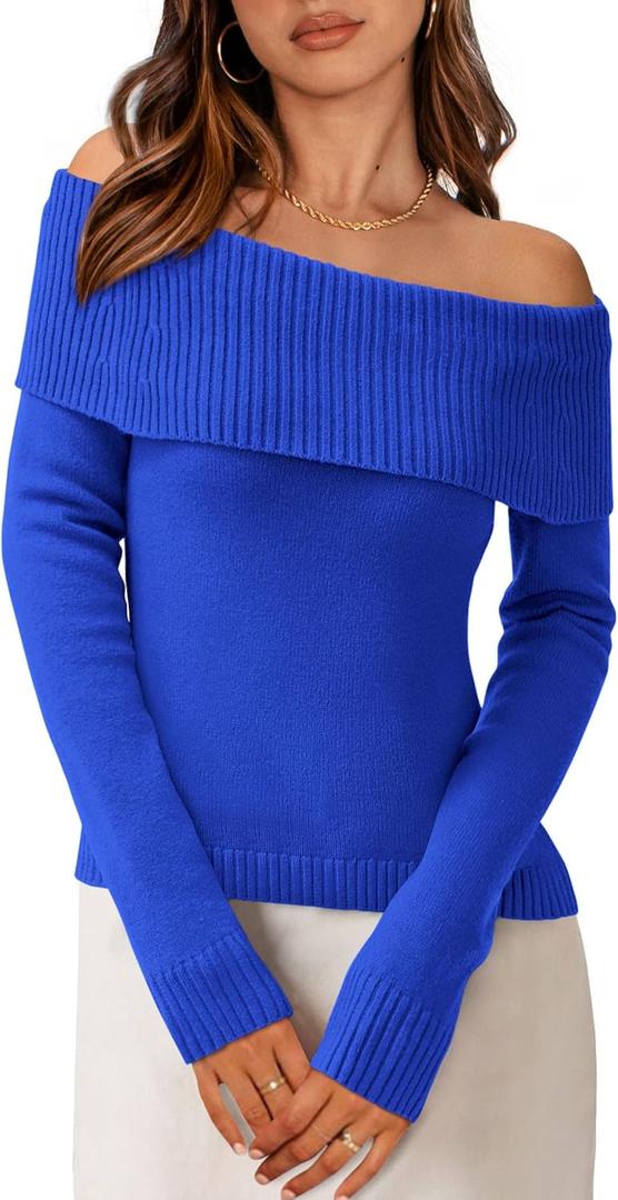 PRETTYGARDEN Off The Shoulder Sweater for Women 2026 Fall Fashion Cute Long Sleeve Tops Winter Ribbed Pullover Knit Outfits (M)