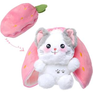 MIAODAM Easter Cat Toys, Stuffed Cat Plush, Kawaii Squishy Cute Strawberry Turn Into Cat Plush, Funny Plushies Toy for Baby & Adult (Strawberry Cat, 11.8inch)