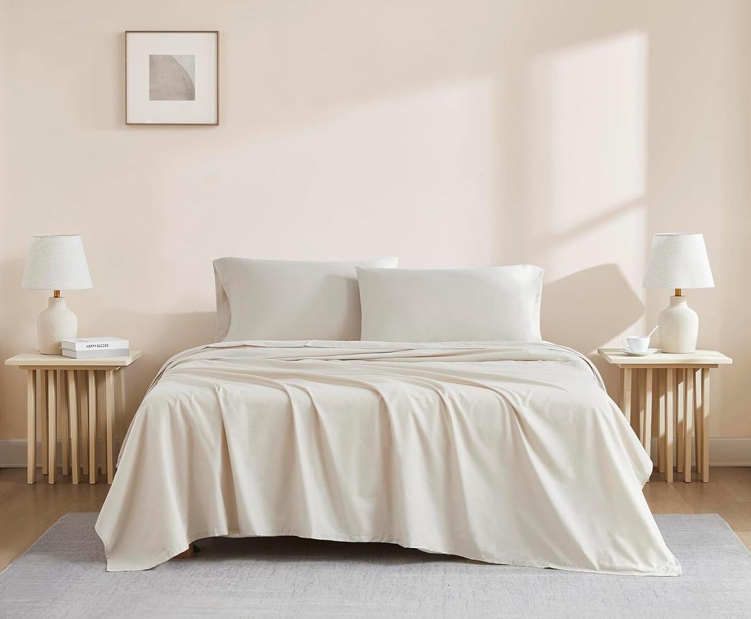 Linen Closet 100% Organic Cotton King Sheet 4 Pcs Set  Crisp Percale, Lightweight & Breathable Beige Bed Sheets,Deep Pocket up to 18 Naturally Cooling, Soft, Eco-Friendly,All Season Comfort