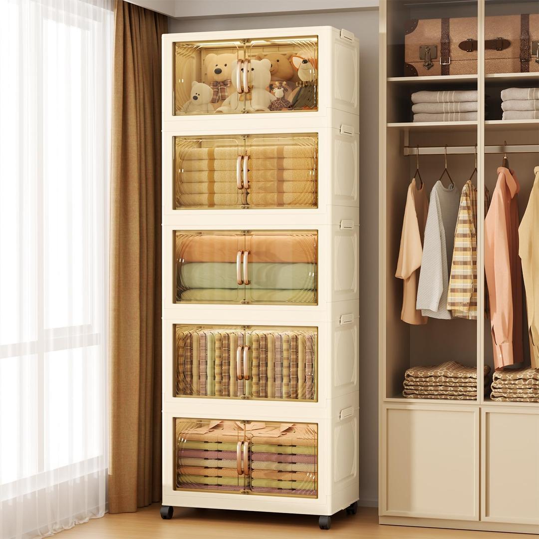 102QT Plastic 5 Tier Storage Bins with Lids,Folding Storage Box with Doors and Wheels Stackable Storage Bins,Closet Organizers and Storage for Living Room,Office,Dorm