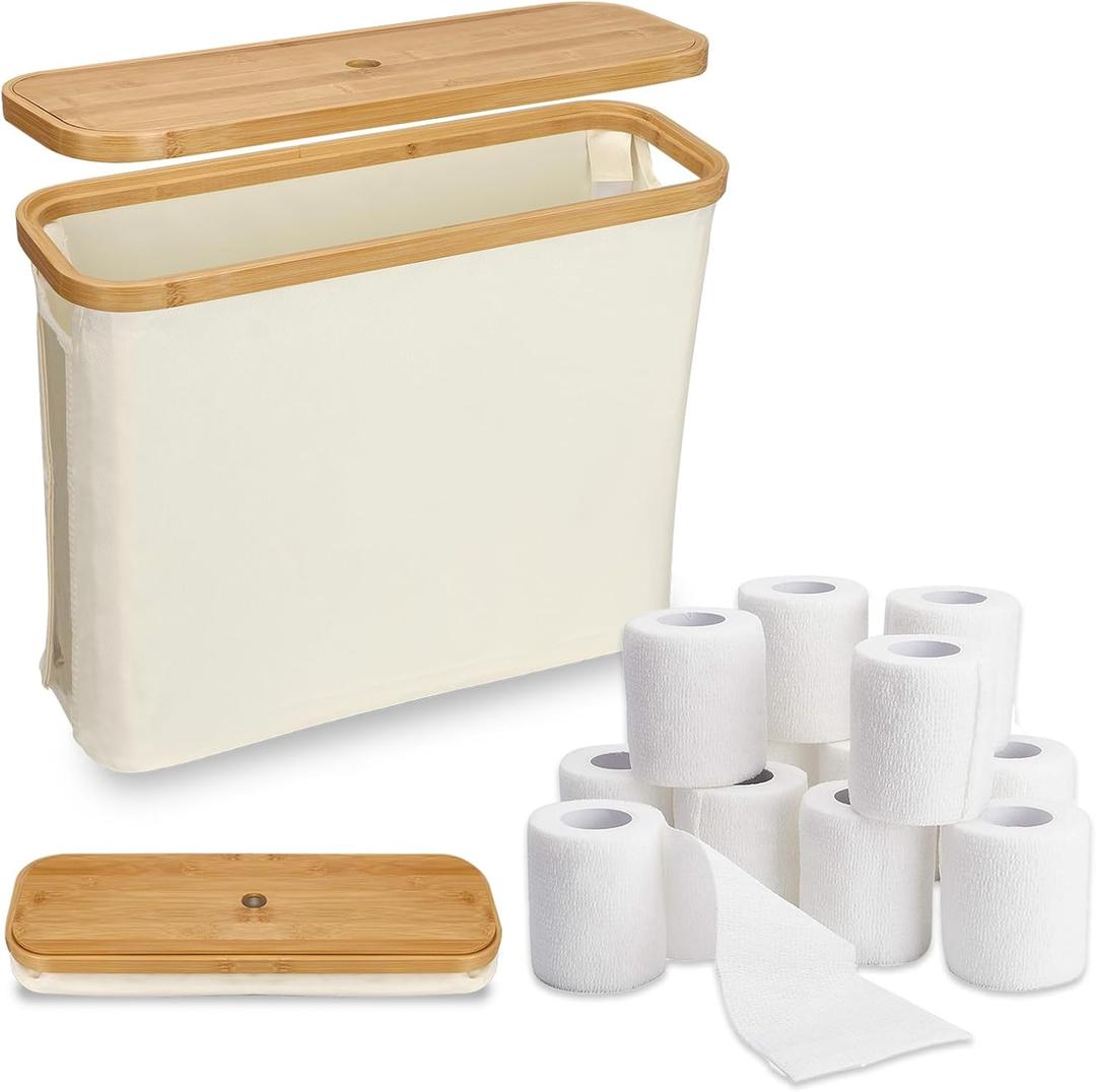 Toilet Paper Basket, Toilet Paper Storage with Lid The Ultimate Bathroom Organizer Toilet Paper Organizer Basket Bathroom Accessories Holder Free Standing Toilet Paper Holds Up to 9-12 Rolls(Beige)