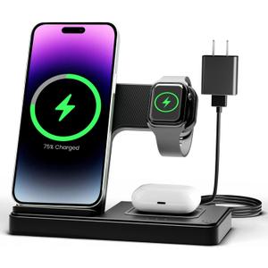 Wireless Charger iPhone Charging Station: 3 in 1 Charger Stand Multiple Devices for Apple - iPhone 16 15 14 Pro Max 13 12 11 - Watch 10 9 8 7 6 5 4 3 2 SE and Ultra Series - Airpods 4 3 2 Pro (Black)