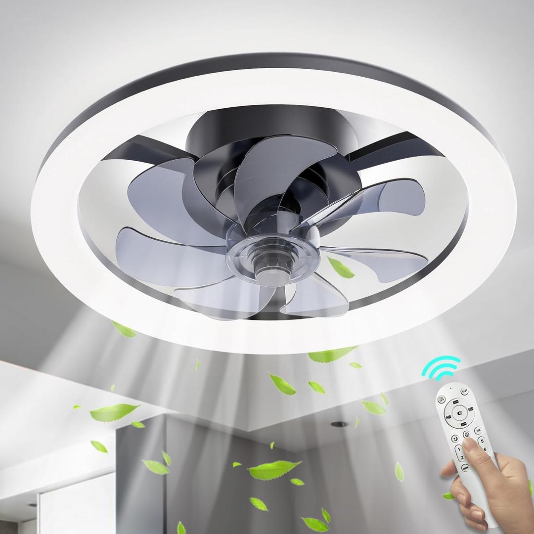 COCOSTAR Smart Bladeless Ceiling Fan with Lights - 16in Low Profile Flush Mount for Bedroom, Black, Remote Control, Ultra Quiet, Easy Install Kit Included