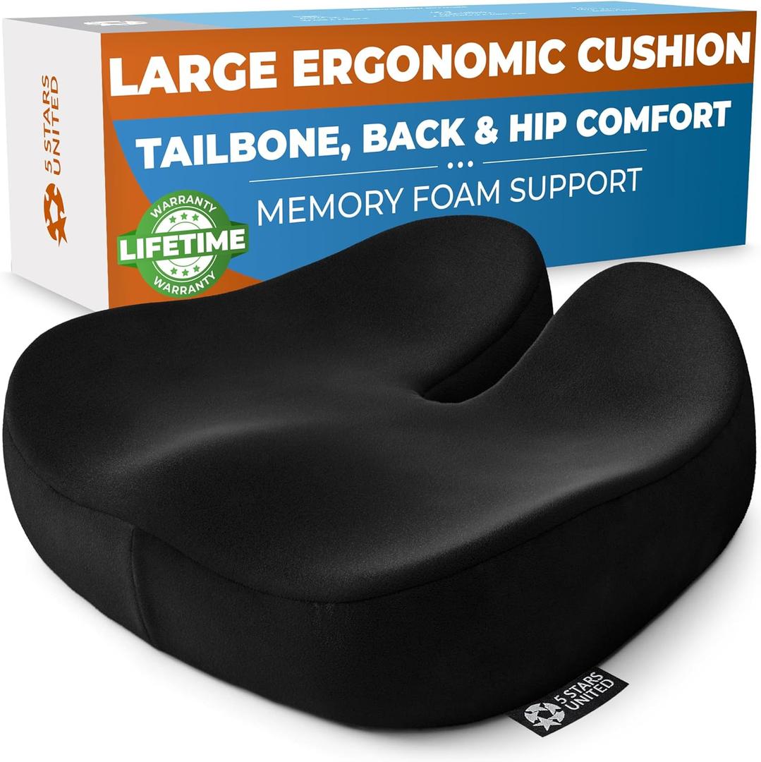 5 STARS UNITED Seat Cushion for Tailbone Pain Relief  Large Memory Foam Cushion for Coccyx, Hip, Sciatica & Post-Surgery Recovery  Wheelchair, Car, Desk, Gaming & Office Chairs, Black, XX-Large
