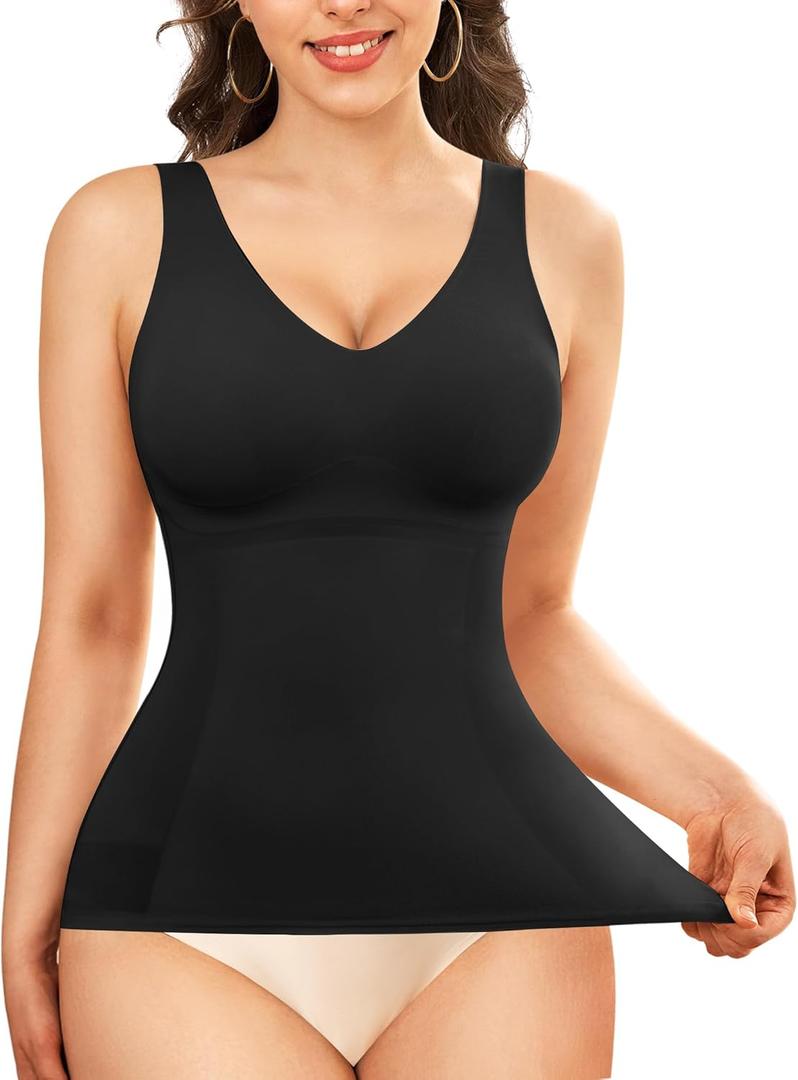 LODAY Compression Tanks for Women Shapewear Tank Top Tummy Control V Neck Camisole Cami Tops (Black, XL)