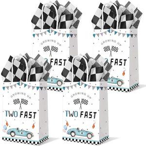 24PCS Two Fast Racing Car Birthday Gift Bags with Checkered Tissue Paper, Blue Race Car Checkered Favors Bag with Handles for 2nd Birthday Party Supplies, Blue