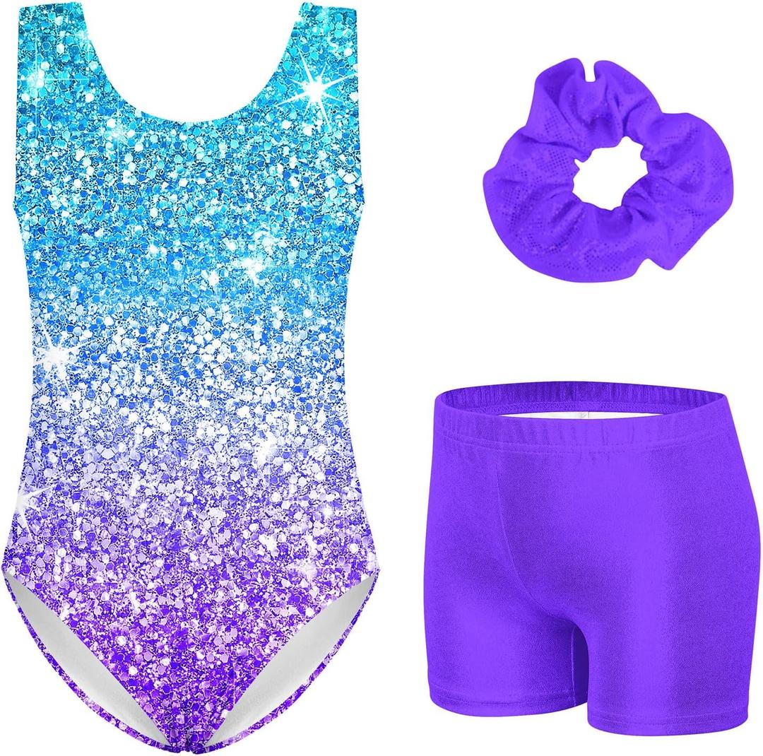 Vogseek Leotards for Girls Gymnastics Unitards Biketards 3 Piece Ballet Set 5-12 Years (7-8 Years, 2b Blue Purple)