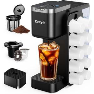 Tastyle Hot & Iced Coffee Maker with Magnetic K-Pod Organizer (Pods Not Included), Stores 10 Pods, 4-5 Cups Coffee Maker & Single-serve Brewer for K Cup & Grounds, 40oz Removable Water Tank, Black
