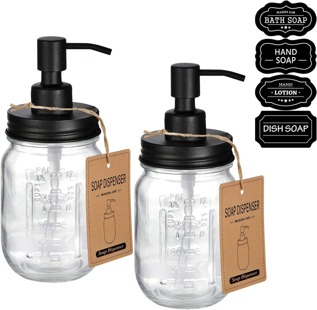 Amolliar Mason Jar Liquid Soap Dispenser -Rustproof Stainless Steel Replacement - Farmhouse Decor for Kitchen/Bathroom,Liquid Soap Pumps for Hand Soap,Dish Soap,Lotions/Black-2 Pack