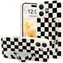 NITITOP Compatible with iPhone 16 Plus Case with Wrist Strap Kickstand Cute Trendy Checkerboard Plaid for Women Girls Slim Fit TPU Shockproof Full Camera Protective Cover - Black and White