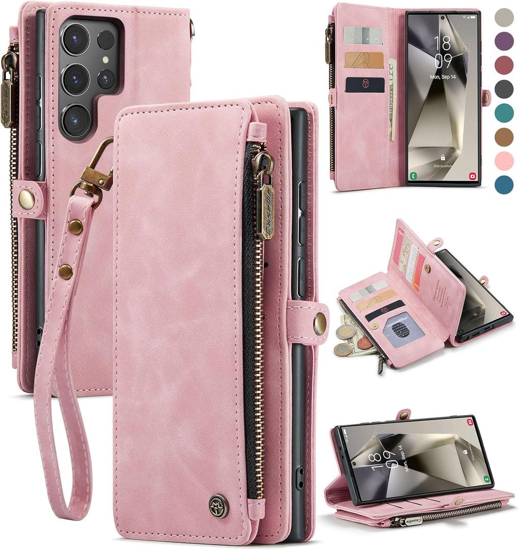 Defencase Compatible with Samsung Galaxy S24 Ultra Case Wallet with RFID Blocking Card Holder for Women Men, PU Leather Magnetic Snap Flip Zipper Strap Phone Case Fit for Galaxy S24 Ultra 5G, Pink