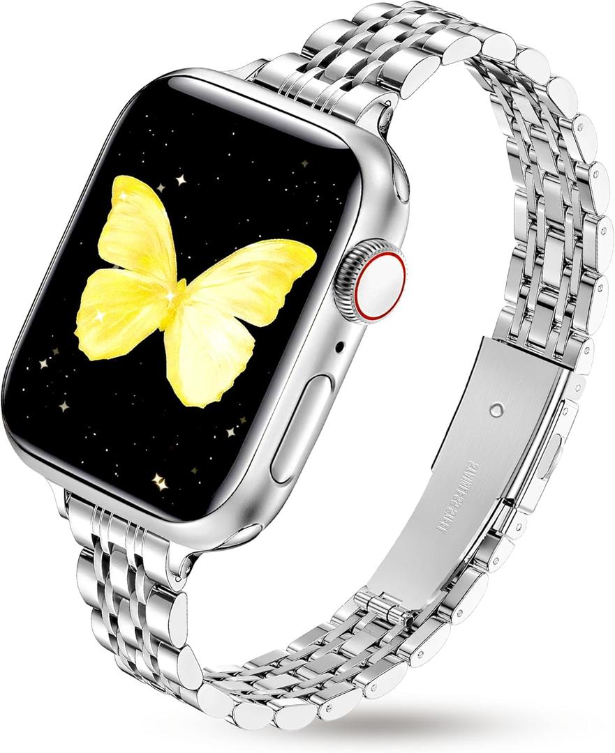 Slim Metal Band Fits Apple Watch Bands for Women 42mm(Series11/10) 40mm 41mm 38mm, Stainless Steel iWatch Bands, Thin Band for Apple Watch Series 11 10 9 SE 8 7 6 5 4 3, Silver