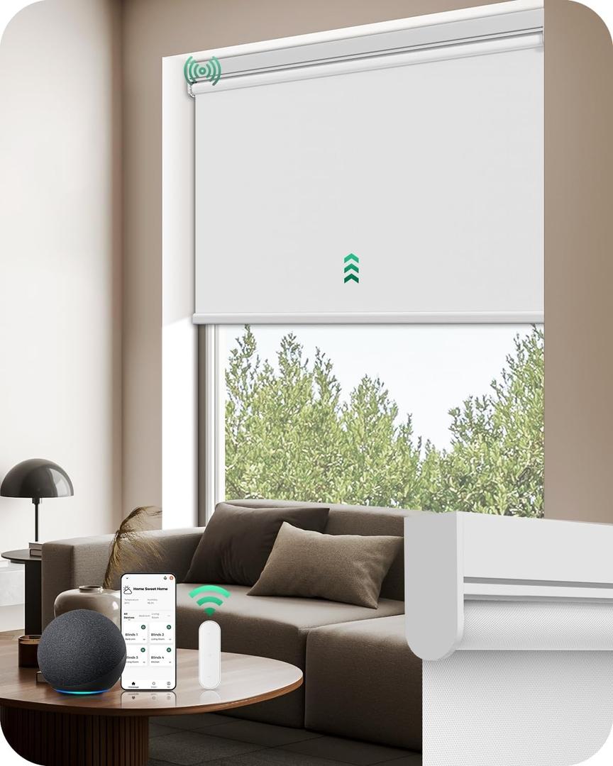 Allesin Motorized Blinds with Remote | Automatic Blackout Roller Shades, Easy Install & Smart Control Electric Blinds for Home Office, Living Room (White 52" W x 72" H)