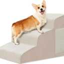 Pet Stairs, Dog Stairs for Small Dogs, Dogs Steps, 3-Step Curved Dog Ramp for Bed, Couch, Sofa, Car and Chairs, Non-Slip Bottom Design, Cat Scratching Board, High Density Foam Portable Pet Step, Beige