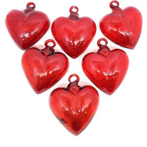 Red 3.5 inch Medium Hanging Glass Hearts (Set of 6), Recycled Blown Glass (Med Red Hearts)