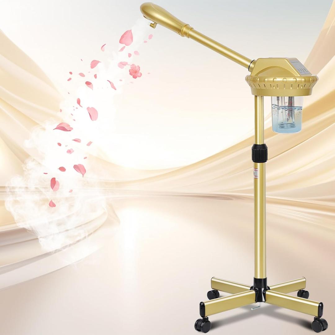 Facial Steamer, Professional Facial Steamer for Estheticians, Hot Mist & Timer Function, Ozone Face Steamer on Wheels for Spa, Salon and at Home Use (Medium), Gold