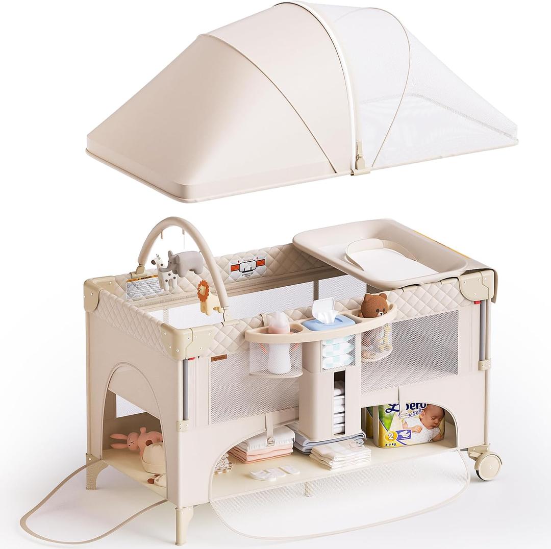 4 in 1 Baby Bassinet,Pack and Play,Bedside Crib Sleeper,Baby Bassinets Bedside Sleeper with Diaper Changer, Mosquito Net,Bottom Storage and Toy Bar for Newborn to Toddles (Beige)