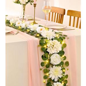 Yastouay 2 Pcs Flower Garland with Lights, 12 Ft White Rose Floral Garland Fake Flowers for Wedding Arch Party Tables Backdrop Decor