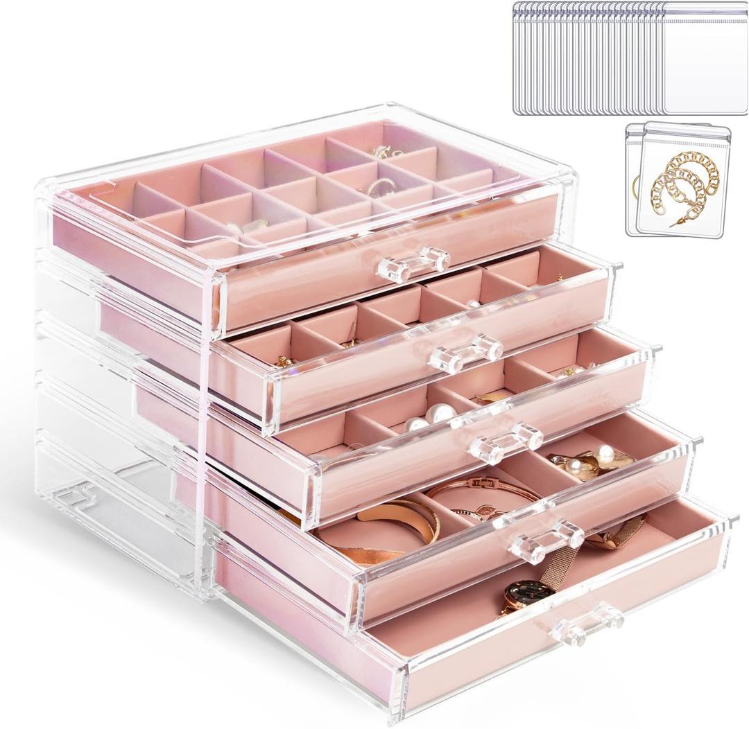 KAMIER Earring Jewelry Organizer with 20 Pcs Portable Jewelry Bag, Clear Acrylic Jewelry Organizer Box for Women with 5 Drawers for Earrings Ring Bracelet Necklace