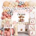 Highland Cow 1st birthday Decorations Girls, 122 PCs  Holy Cow Im one Party Supplies with Floral Backdrop, Balloon Garland, Cake Topper, Crown for Boho Cow Themed Birthday
