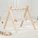 Comfy Cubs Wooden Baby Play Gym - Natural Finish Pinewood Baby Activity Gym with 5 Sensory Hanging Toys - Easy No-Tool Assembly, Safe and Durable for Infant Motor and Visual Development - Natural Wood