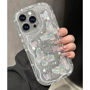 Toycamp for iPhone 15 Pro Max Case Cute - Women Girly Girls Glitter Phone Cover 15 ProMax Kawaii Sparkle Bling Shine Aesthetic Pretty Unique Wave Design Funda for Apple 15 Pro Max, Clear Butterfly