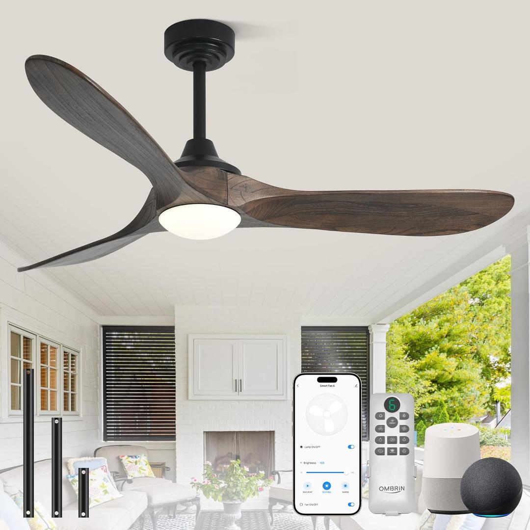 52 inch Outdoor Ceiling Fans with Lights,Smart Wood Ceiling Fan for Alexa,Google & APP Control,Indoor/Outdoor,3 Blades,3CCT Dimmable,Deep Brown Walnut,Downrod Mount for Patio Porch