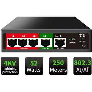 STEAMEMO 5 Port PoE+ Switch | Easy Smart Managed Ethernet Switch | Support VLAN, QoS | 52W Total PoE Budget | Fanless Metal | Plug & Play (Desktop/Wall Mount)