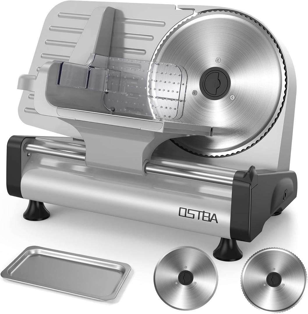 OSTBA Electric Meat Slicer with 200W DC Motor, 2 Removable 8.7 Stainless Steel Blades, Adjustable Thickness 015mm, Food Tray & Hand Grip, Deli Food Slicer for Meat, Cheese, Bread, Vegetables