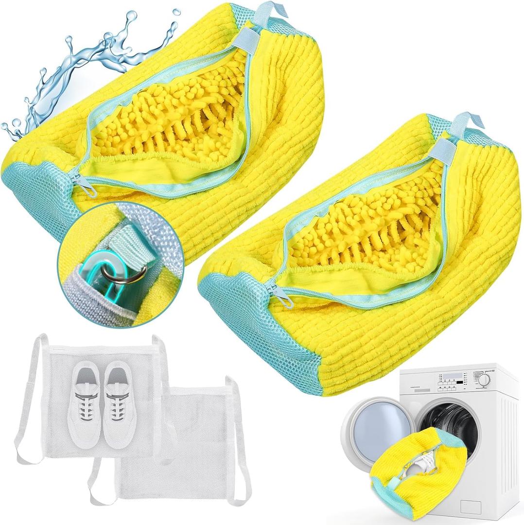 2 Pcs Shoe Washing Machine Bags, XXL Laundry Shoe Bags for Washer and Dryer, Sturdy Zipper with Hook Design, 2 Sneaker Dry Bags Included, Reusable Shoe Washing Bag for Sneaker, Tennis, Yellow 2 Packs