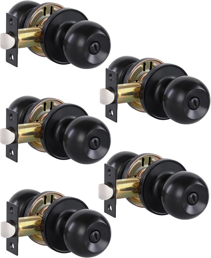 Lanwandeng (5Pack) Matte Black Privacy Door Knobs with Lock for Bedroom/Bathroom, Keyless Interior Door Lock, Stainless Steel Door Handles