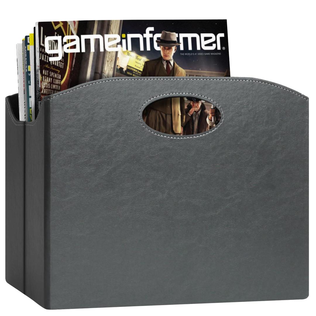 EZDeco PU Leather Magazine Holder, Magazine Rack Floor, Magazine Storage Basket & Vinyl Record Holder, File Folder Organizer for 12 inch LP Albums, Magazines, Books, Newspapers (Grey)