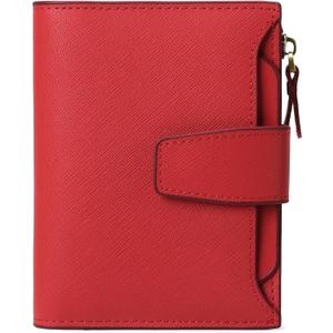 GOIACII Small Women Wallet Genuine Leather RFID Blocking Bifold Zipper Pocket Card Holder with ID Window (A10 Cross Grain Red)
