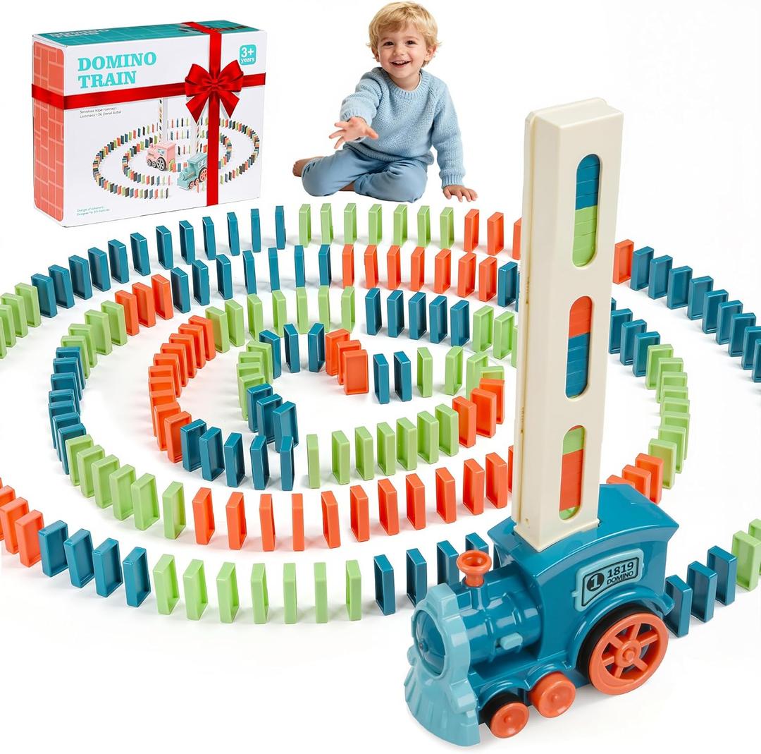 Kids Games Domino Train Toys, 200PCS Automatic Stacking Creative Game 3+ Year Old - Stem Montessori Toy for Boys 4-6 - Christmas Birthday Gifts Blue